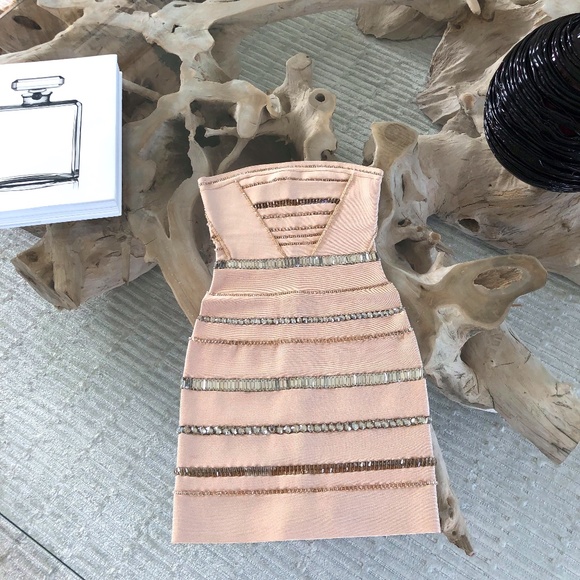 herve leger beaded bandage dress At Dusk Beaded Bust Strapless Maxi Dress Oyster main image 0